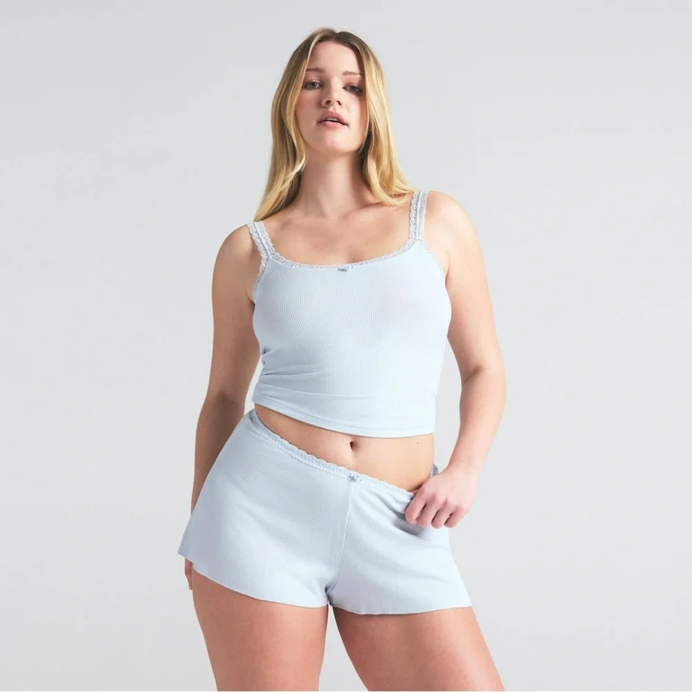 Skims Soft Lounge Lace Trim Ribbed Camisole Cami Shirt in Mineral Blue - Picture 2 of 13